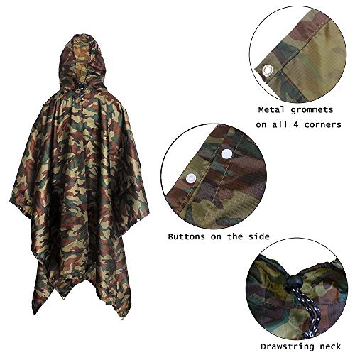 Azeekoom Poncho de Lluvia Impermeable,3 en 1 Multifuncional Chubasquero Transpirable Ultrafino/Toldo Manta/Estera de Camping para Aire Libre Picnic Trekking Camping Senderismo(Camuflaje)