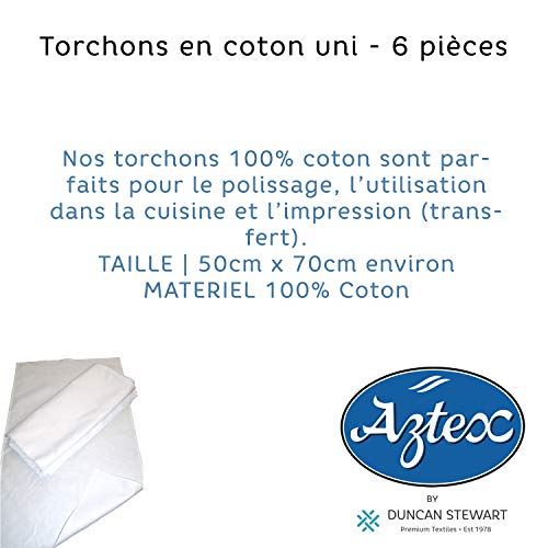 aztex Toallas de té de algodón Liso, 100% algodón, Ideal para impresión por Transferencia, Limpieza y Uso en la Cocina, Paquete de 6, Blanco