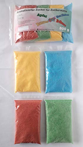 Azúcar para algodón de azúcar multicolor con sabor 4 x 200 g – manzana – fresa – plátano – frambuesa azul | perfecto para cualquier máquina de algodón de azúcar | 800 gramos en total