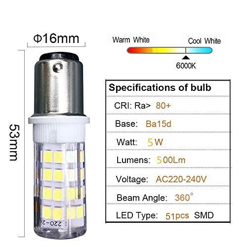 Ba15d LED Lámpara 5W AC 220V, SBC Bayoneta Bombilla Doble Contacto, Blanco Fresco 6000K 500 lúmenes – Reemplazo de 35W Halógena, para Máquina coser Lámpara Lighting (2-Packs)