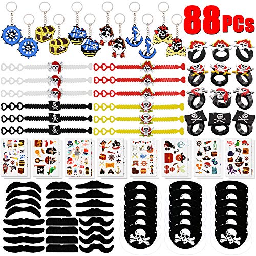 BabyCareV 88Piezas Pirata Cumpleaños Party Accesorios Pirata Llavero Pirata Pulsera Pirata Anillo Parches de Ojo de Pirata Pirata Bigote para Favores de Fiesta de Halloween Navidad y Niños