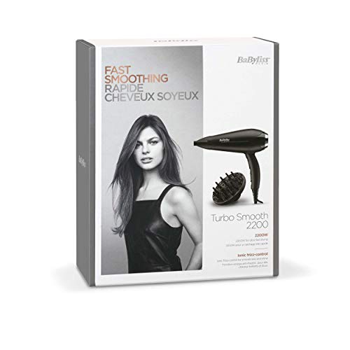 BaByliss D572DE Secador de pelo iónico con motor DC 2200W de potencia, 2 velocidades y 2 temperaturas más botón de aire frío, incluye boquilla estrecha y difusor, peso ligero 409 g, negro