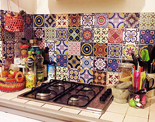 Backsplash Pegatinas para azulejos, 24 unidades, auténticos azulejos de Talavera tradicionales, para baño y cocina, fáciles de aplicar, solo retirar el papel y pegar, decoración del hogar, 10 x 10 cm