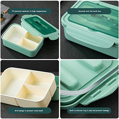 BAIBEI Caja de Bento, Fiambreras Caja con 3 Compartimentos Fiambrera Hermetica con Cubiertos, para hornos de microondas y lavavajillas, salud duradera, (Verde)