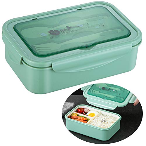 BAIBEI Caja de Bento, Fiambreras Caja con 3 Compartimentos Fiambrera Hermetica con Cubiertos, para hornos de microondas y lavavajillas, salud duradera, (Verde)