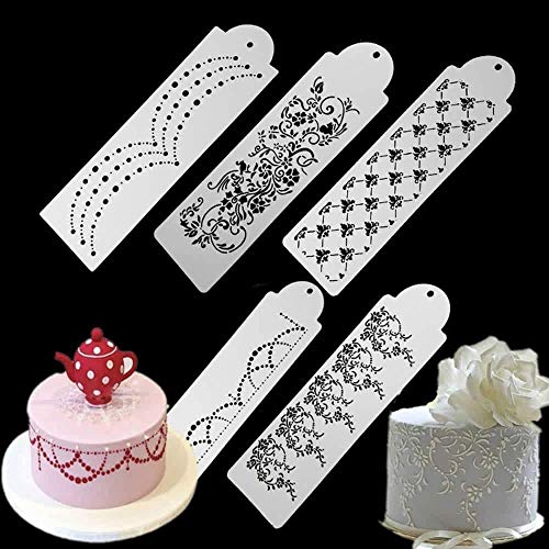 Baifeng 5Pcs/Set Fondant Cake Side Border Spraying Decoration Stencil,Baking Cake Lace Decoration Mould,Chocolate Cake Sugar