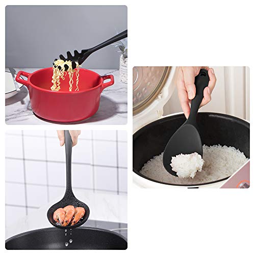 BaiYi 10 uds Utensilios de Cocina de Silicona,Utensilios de Cocina de Silicona Resistentes al Calor,Herramientas antiadherentes para Hornear en la Cocina 10 Juegos + 10 S Ganchos - （Negro）