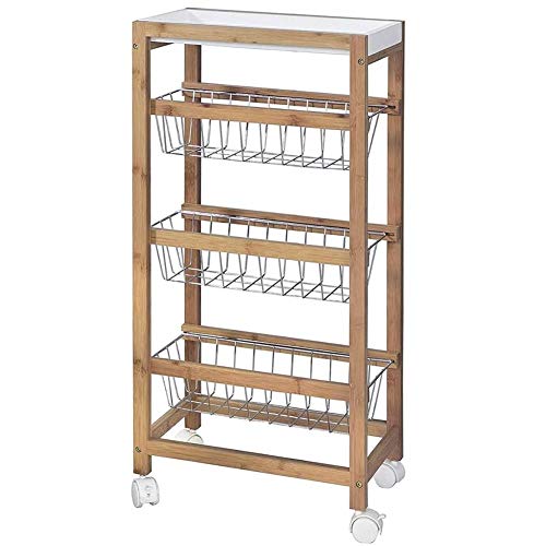 Bakaji - Carrito de cocina - Modelo Slim para ahorrar espacio - Material madera de bambú - 1 bandeja extraíble - 3 Cestas de metal para frutas, verduras - 4 Ruedas giratorias - Medidas 40 x 22 x 83 cm