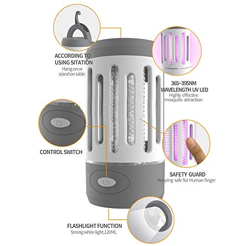 Bakaji - Mosquitera eléctrica UV LED con función de linterna de emergencia LED, electroinsecticida con gancho para camping, casa, anti mosquitos, alimentación de batería de litio USB