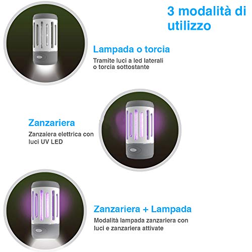 Bakaji - Mosquitera eléctrica UV LED con función de linterna de emergencia LED, electroinsecticida con gancho para camping, casa, anti mosquitos, alimentación de batería de litio USB