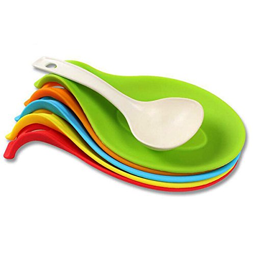 Baker Boutique cocina silicona cuchara resto Set de 5 utensilios de silicona resistente al calor espátula herramienta de cocina soporte, verde, azul, naranja, amarillo, rojo