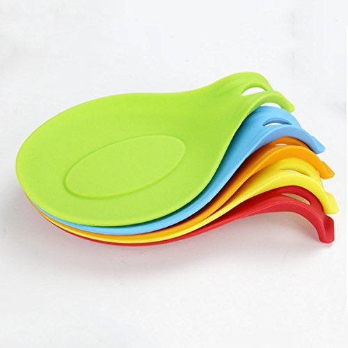 Baker Boutique cocina silicona cuchara resto Set de 5 utensilios de silicona resistente al calor espátula herramienta de cocina soporte, verde, azul, naranja, amarillo, rojo
