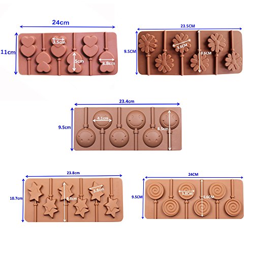 BAKER DEPOT Silicone chocolate Lollipop Mold with 6 Holes, Double Heart, Star, Small Flower, Smile Face, Round, Etc, Design, Set of 5