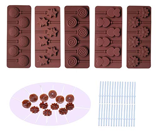 BAKER DEPOT Silicone chocolate Lollipop Mold with 6 Holes, Double Heart, Star, Small Flower, Smile Face, Round, Etc, Design, Set of 5