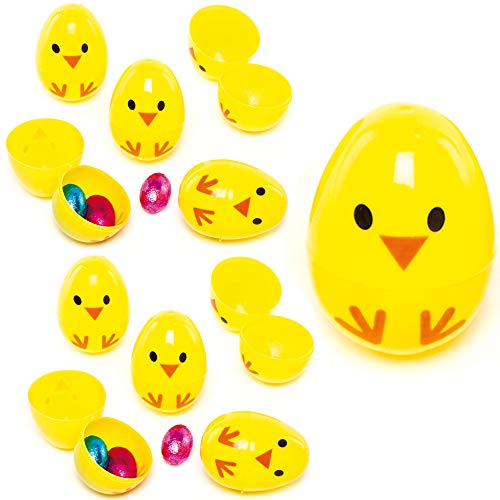 Baker Ross AG314 Huevos de Plástico con Diseños de Pollitos, Perfectos Como Relleno de Piñata Premios y Regalos de Fiestas Infantiles (Pack de 1)