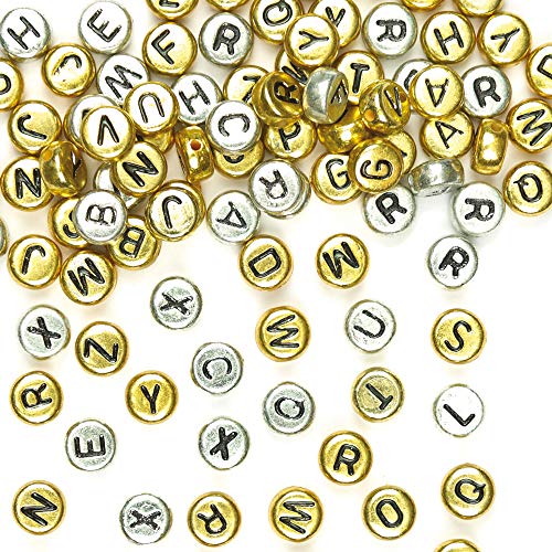 Baker Ross Cuentas de alfabeto de oro y plata: ideal para joyería, brazalete, collar y llaveros, manualidades y regalos para niños, regalos y más (paquete de 400)