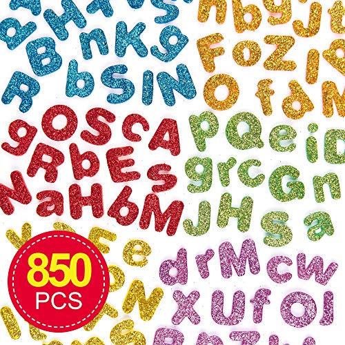 Baker Ross Pegatinas Autoadhesivas de Letras del Alfabeto de Espuma con Purpurina (Paquete de 850) Para decorar tarjetas, collages y manualidades infantiles