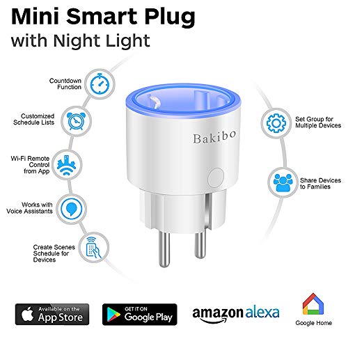 bakibo Enchufe Inteligente Wifi Compatible con Alexa Echo,Google Home, Inalámbrico Smart Mini Zócalo con Luz Nocturna, Control Remoto, Establecer Horario,Programa, Monitor Energía - 1 Pcs