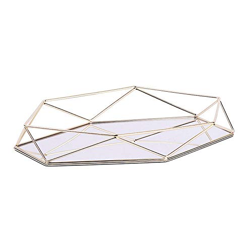 BALANSOHO Bandeja decorativa de metal con espejo de espejo, color oro rosa, bandeja de almacenamiento tridimensional, hexagonal, de escritorio, estilo nórdico, simple, organizador de joyas