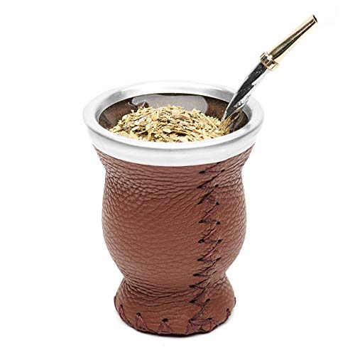 BALIBETOV Mate Argentino - Set de Mate de Vidrio Forrado en Cuero - Alternativa Mate de Calabaza - con Bombilla (Sorbete) para Yerba Mate. (Marrón)