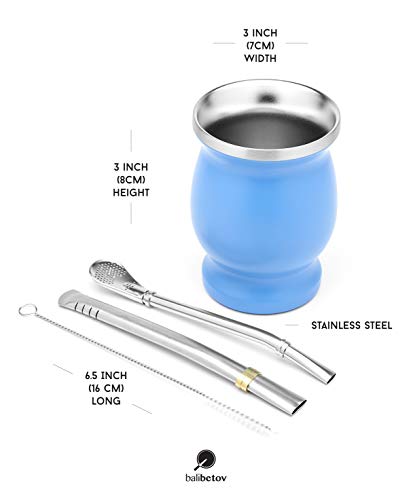 BALIBETOV Set de Mate de Doble Pared de Acero Inoxidable - Alternativa Mate de Calabaza - facil de Limpiar - Incluye 2 Bombillas (sorbetes) para Yerba Mate (Celeste)