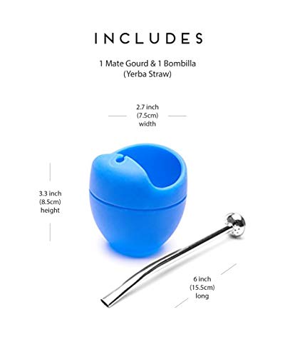 BALIBETOV Set de Mate de Silicona - Alternativa Moderna para Mate de Calabaza con Bombilla (Sorbete) para Yerba Mate - Facil de Limpiar, irrompible, BPA Free (Azul)