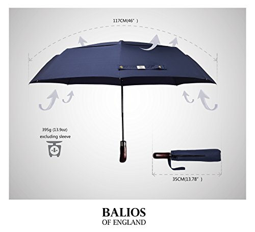 Balios Bailos_umb_paraguas de viaje Prestige negro y goma, mango de madera real, apertura y cierre automático, toldo doble ventilado, color azul marino oscuro con mango de madera real