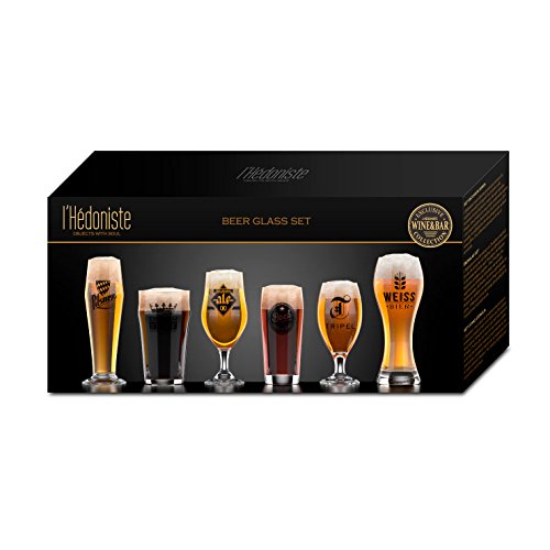 Balvi Set Vasos Cerveza L´Hedoniste Color Transparentes Set de 6 Copas de Cerveza Diseño Cerveza Belga, Pinta Inglesa Entre Otros Vasos Decorativos para los Amantes de la Cerveza Vidrio 22x7,5x7,5 cm