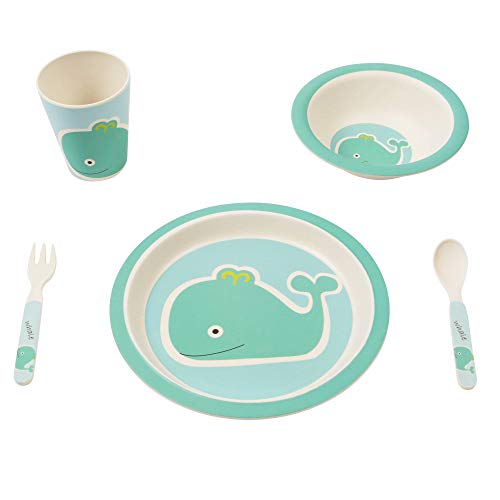 Bambú de – Set de vajilla para niños, redondo – Plato de bambú, niños de cubiertos, cuenco, niño taza de bambú, respetuoso con el medio ambiente, sin BPA y lavavajillas, 5 piezas)