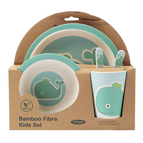 Bambú de – Set de vajilla para niños, redondo – Plato de bambú, niños de cubiertos, cuenco, niño taza de bambú, respetuoso con el medio ambiente, sin BPA y lavavajillas, 5 piezas)