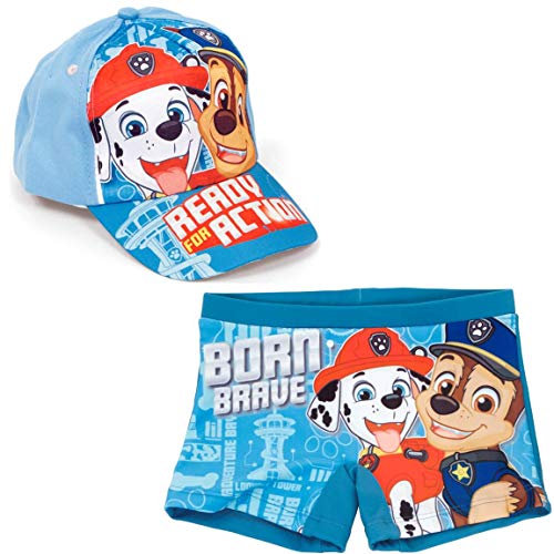 Bañador Patrulla Canina Tipo Bóxer para Playa o Piscina + Gorra Paw Patrol para niños (Azul, 6 años)