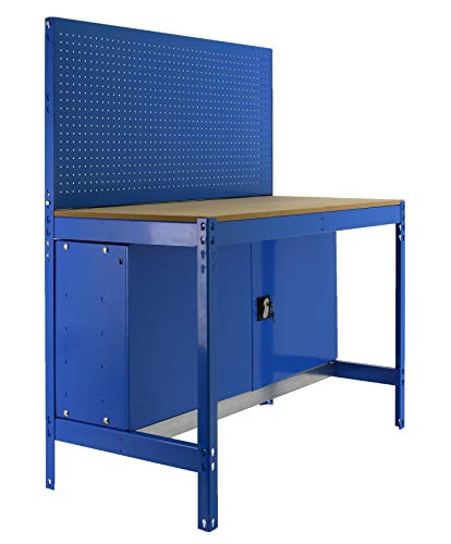 Banco de trabajo BT2 con armario Simonwork Azul/Madera Simonrack 1445x910x610 mms - Banco de trabajo con panel - mesa de bricolaje 400 Kgs de capacidad por estante