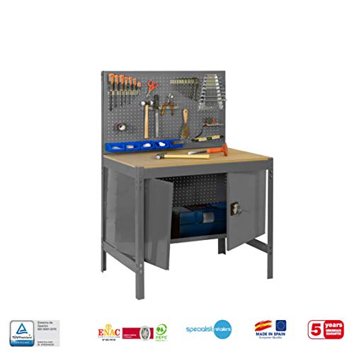 Banco de trabajo BT2 con armario Simonwork Gris/Madera Simonrack 1445x910x610 mms - Banco de trabajo con panel - mesa de bricolaje 400 Kgs de capacidad por estante