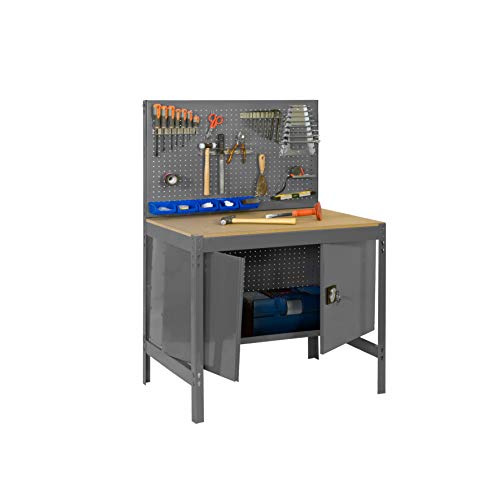 Banco de trabajo BT2 con armario Simonwork Gris/Madera Simonrack 1445x910x610 mms - Banco de trabajo con panel - mesa de bricolaje 400 Kgs de capacidad por estante