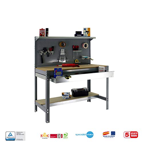 Banco de trabajo BT3 con cajón Simonwork Gris/Madera Simonrack 1445x910x610 mms - Mesa de trabajo - Banco para taller 400 Kgs de capacidad por estante