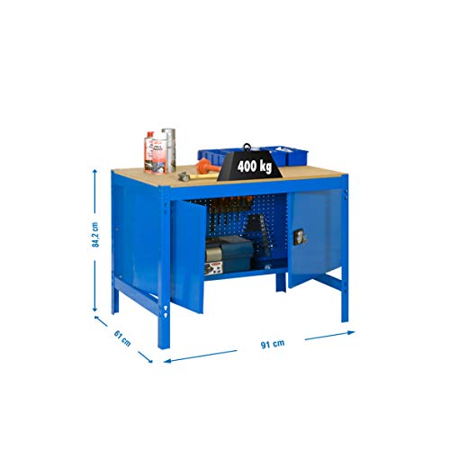 Banco de trabajo con armario BT0 Simonwork Azul/Madera Simonrack 842x910x610 mms - mesa de trabajo - banco de trabajo - mesa de taller 400 Kgs de capacidad por estante