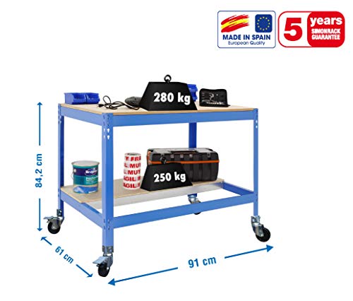 Banco de trabajo con ruedas BT0 Azul/Madera Simonrack 957x910x610 mms 280 Kgs de capacidad total al llevar ruedas