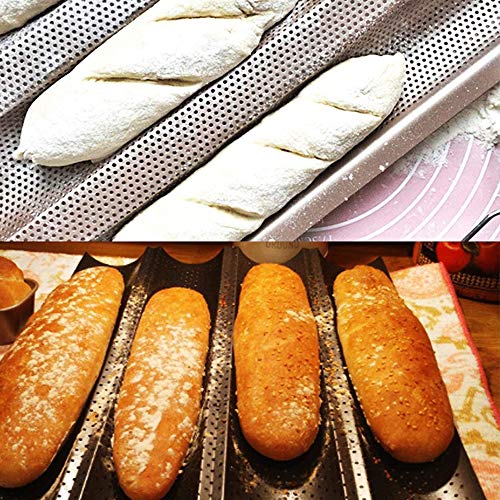 Bandeja Baguette, Molde de Pan Francés Plata, Molde para Hornear de Barra de Pan Francés Perforado Antiadherente, para Colocar y Hornear 4 Baguettes Francesas