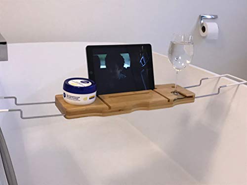 Bandeja con Soporte para Libros - Bandeja de bambú para bañera con Soporte para Copa de Vino o Cava o Smartphone o Tablet Extensible con Bandeja para jabones marrón