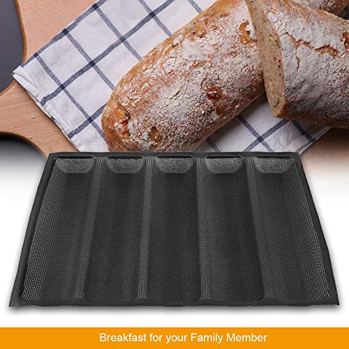 Bandeja de pan francés para hornear Bandeja de baguette de silicona Moldes de pan de perrito caliente antiadherentes reutilizables, 5 hogazas, negro