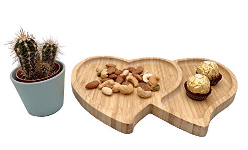 Bandeja de servir de madera de bambú natural de EcoWonder con forma de corazón y doble bandeja multifuncional para servir comida – Bandeja de comida para fiestas