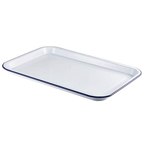 Bandeja de servir esmaltada, color blanco con borde azul, 33,5 x 23,5 cm, bandeja rectangular