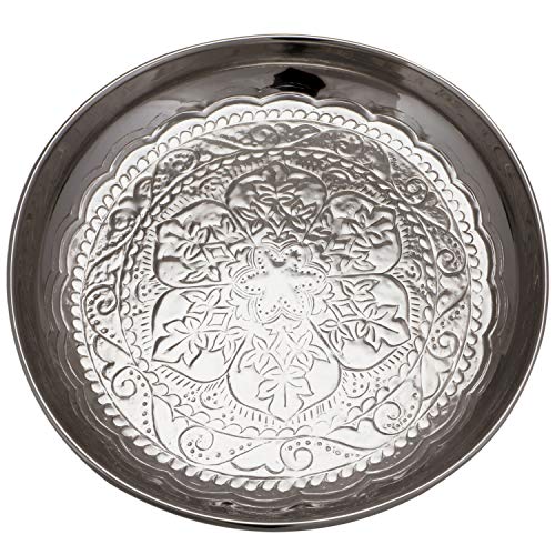 Bandeja oriental redonda hecha de metal Afet 31cm - Bandeja de té marroquí en el color plata - Decoración oriental en la mesa de servicio