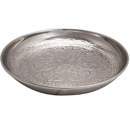 Bandeja oriental redonda hecha de metal Afet 31cm - Bandeja de té marroquí en el color plata - Decoración oriental en la mesa de servicio