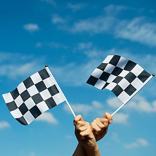 Bandera de Carreras a Cuadros, 12 Piezas Banderas de Mano a Cuadros en Blanco y Negro Carreras de Banderas de Poliéster con Barra de Plástico para Carreras de Motos, Bares, Discotecas (14 * 21 CM)