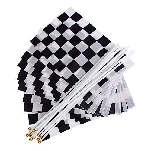 Bandera de Carreras a Cuadros, 12 Piezas Banderas de Mano a Cuadros en Blanco y Negro Carreras de Banderas de Poliéster con Barra de Plástico para Carreras de Motos, Bares, Discotecas (14 * 21 CM)