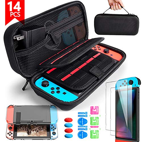 BANGTING 14 en 1 Kit de Accesorios Compatible con Nintendo Switch, 1PCS Funda de Transporte 1PCS Transparente Carcasa 2PCS Kit de Cristal Templado 4PCS Pulgar Grips Compatible con Nintendo Switch