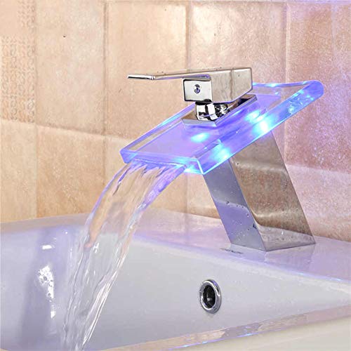 Baño moderno cromo 3 colores grifo de luz LED cascada de vidrio sólido monomando lavabo lavabo lavabo integrado grifo fácil de instalar