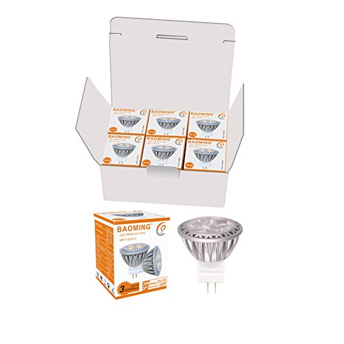 BAOMING LED MR11 Gu4 3W Super brillante bombilla, Igual a Bombilla Halógena de 35W 280lm 6000k 30 ° AC/DC 12v ángulo de haz, luz blanca fría LED luz bombillas Pack de 6 unidades