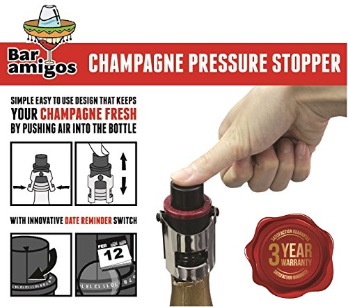 Bar Amigos® Champagne Pressure Stopper Grey Gris – De Cava Tapón de presión para botellas de champán y Espumosos Con la tecnología patentada Y Fecha Interruptor Recordatorio To Keep Your Bottle of Sparkling Wine Fresh – 3 años de Garantía de Satisfacción